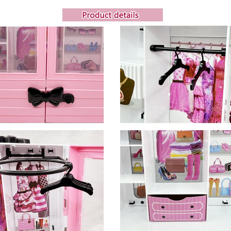 Pink Wardrobe with 10pcs Hangers Playset Doll Accessories Fashion Toys Fold-out Rack Portable Closet Birthday Christmas Gift