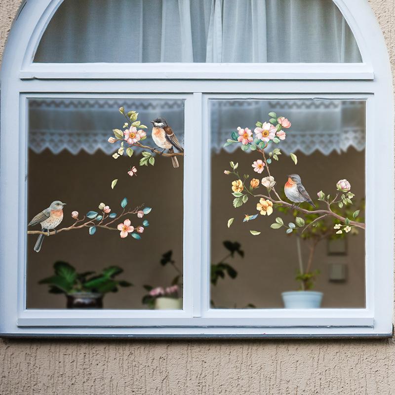 Rosa Blumen Vögel auf Ast Wandaufkleber Selbstklebende Dekoration für Wohnzimmer Schlafzimmer Heimdeko