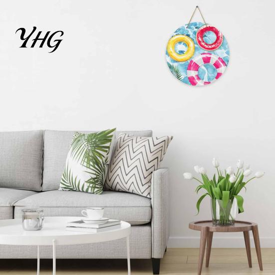 Holiday House Ornament Round Wooden Door Hanger, Watercolor Beach Welcome Sign, Hello Sunshine Decorative Sign Please Wall Plaque for Summer