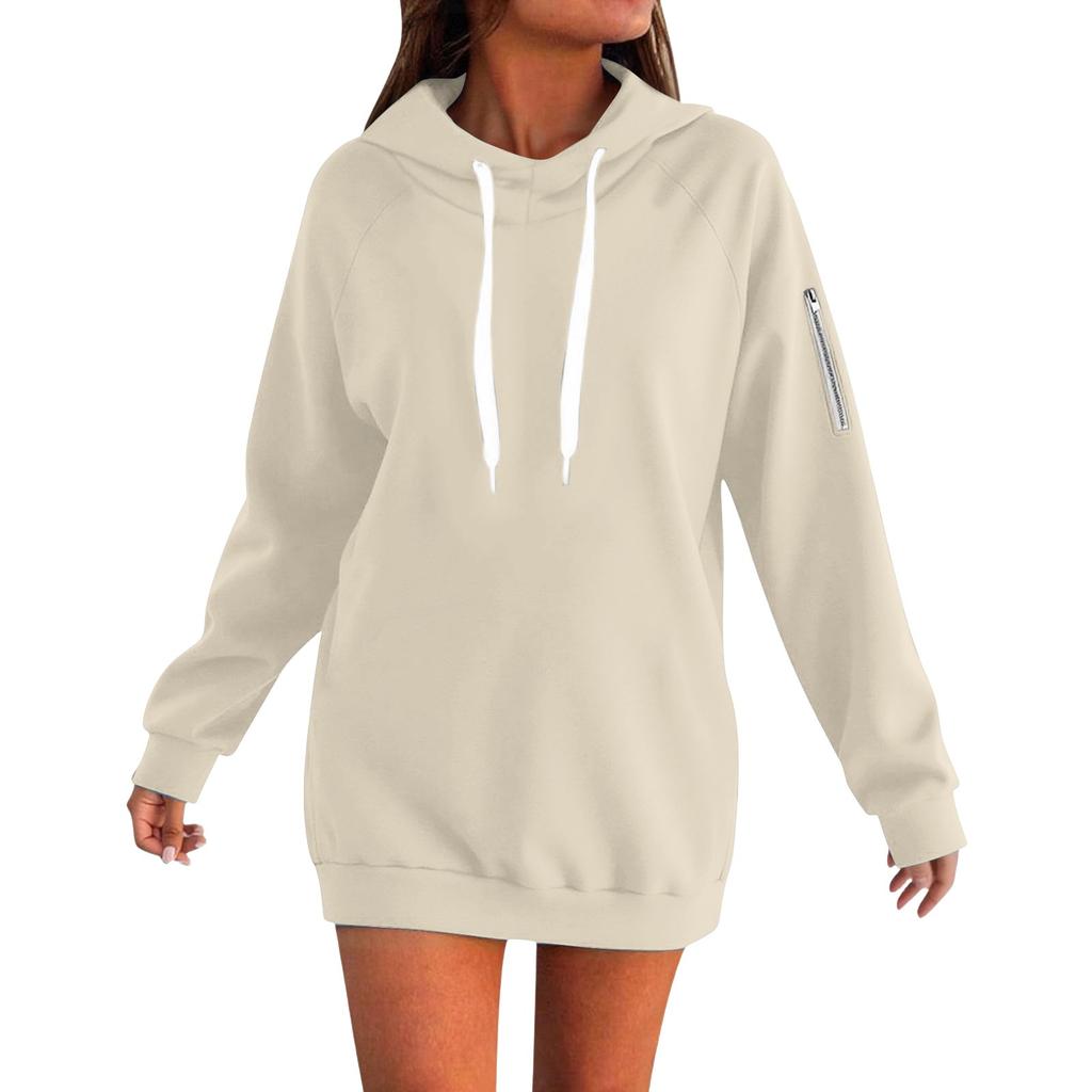 Women's Loose Long Sleeved Solid Color Hooded Sweatshirt With Velvet Drawstring