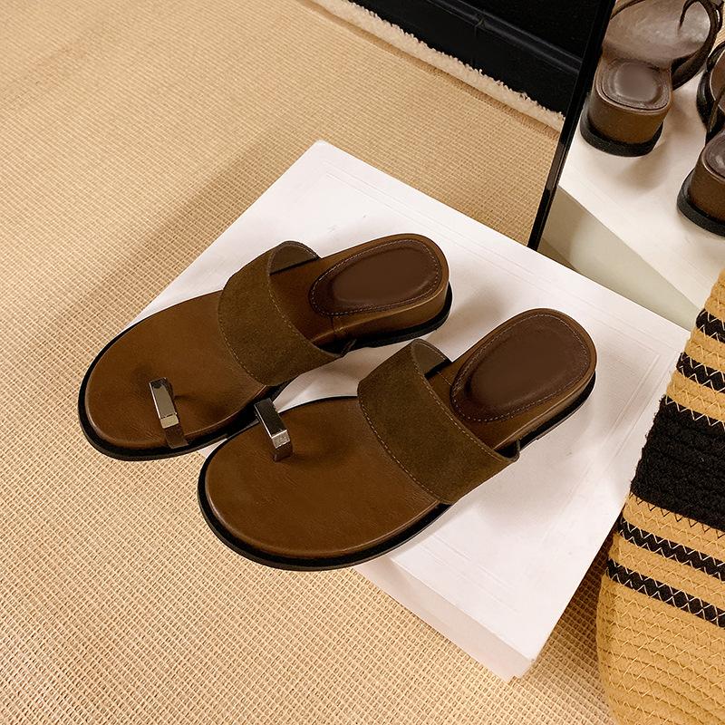 

Sheepskin version~ French thick-soled heightening set of toe-cool slippers for women s summer wear with flat-bottomed casual beach sandals 40