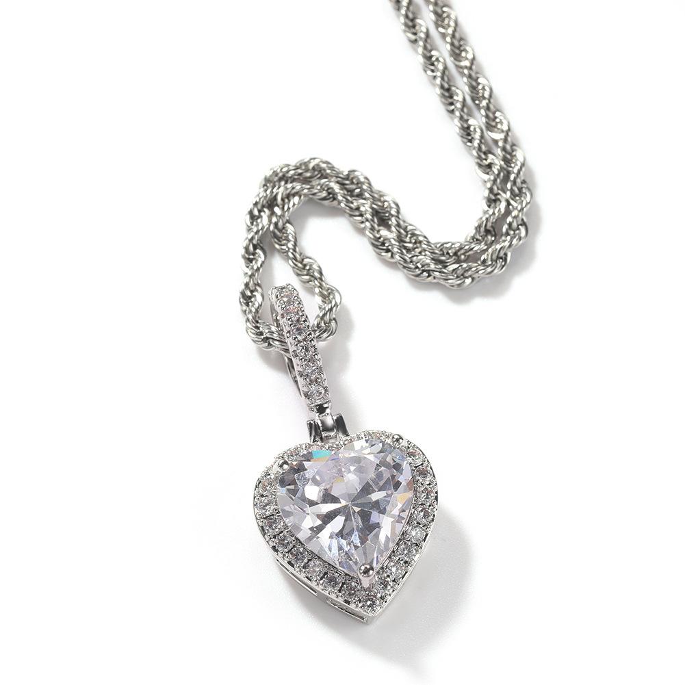 Hip-hop copper inlaid zircon love pendant, high-end light luxury shining trendy male trendy female necklace jewelry