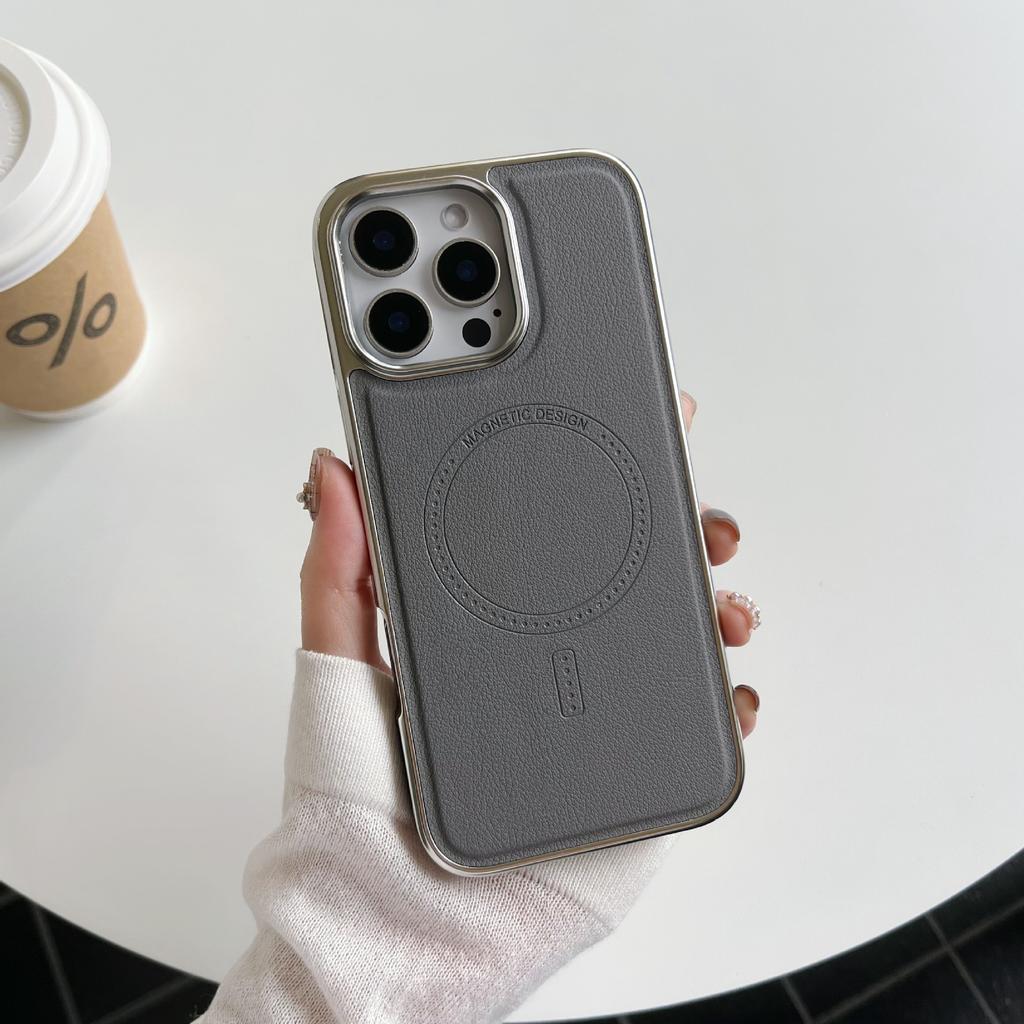 Applicable To IPhone 16 Original Color Leather Magnetic Suction Mobile Phone Case Apple 15 ProMax Electroplating 14 Anti-fall Protection Case