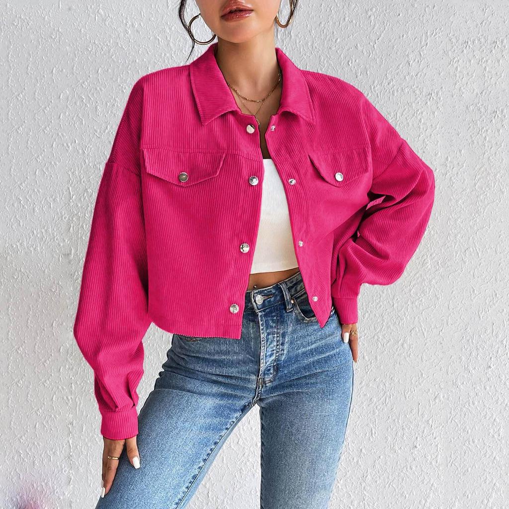Womens Fashion Cropped Shacket Button Down Corduroy Shirt Jackets Casual Long Sleeve Crop Tops Trendy Fall Outfit