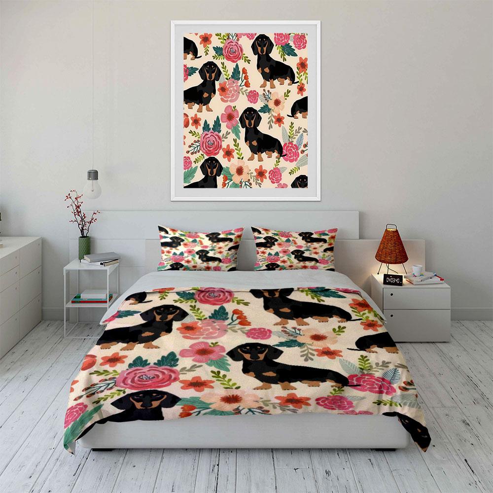 Dachshund Floral Pattern Bedding Set Suitable For Home Decor, Gifting. Exquisite 3-Piece Bedding Set Gift For Kids Adults