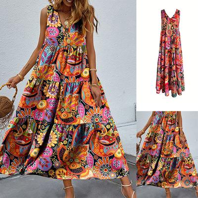 Kolsuz V yaka Moda Paisley Renkli Baskılı Bebek Elbise Tatil Stili Tatil Eğlencesi Gevşek Yeni Uzun Elbise Elbise