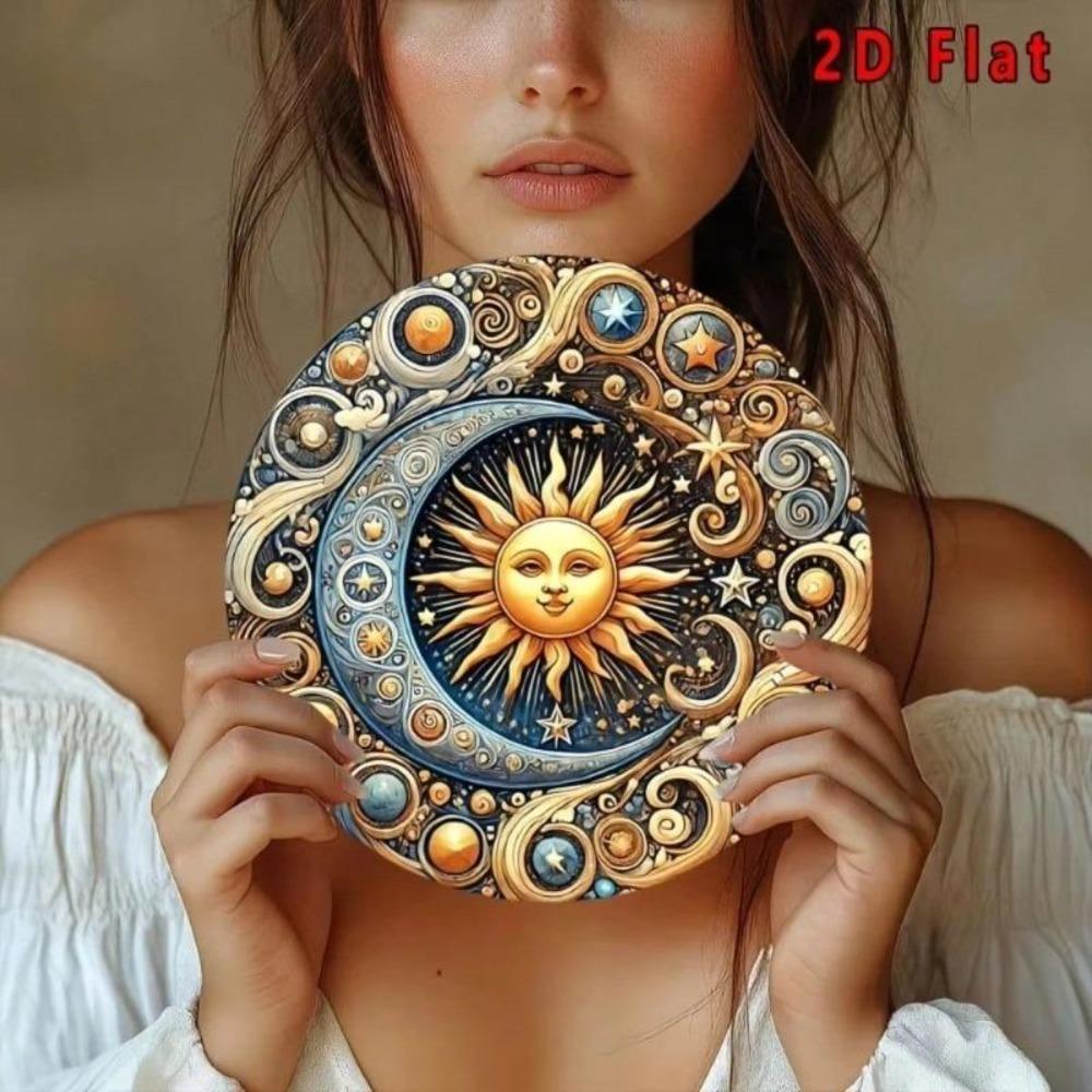 Sun Moon 2D Flat Wall Art 8x8 Inches Round Aluminum Metal Decor