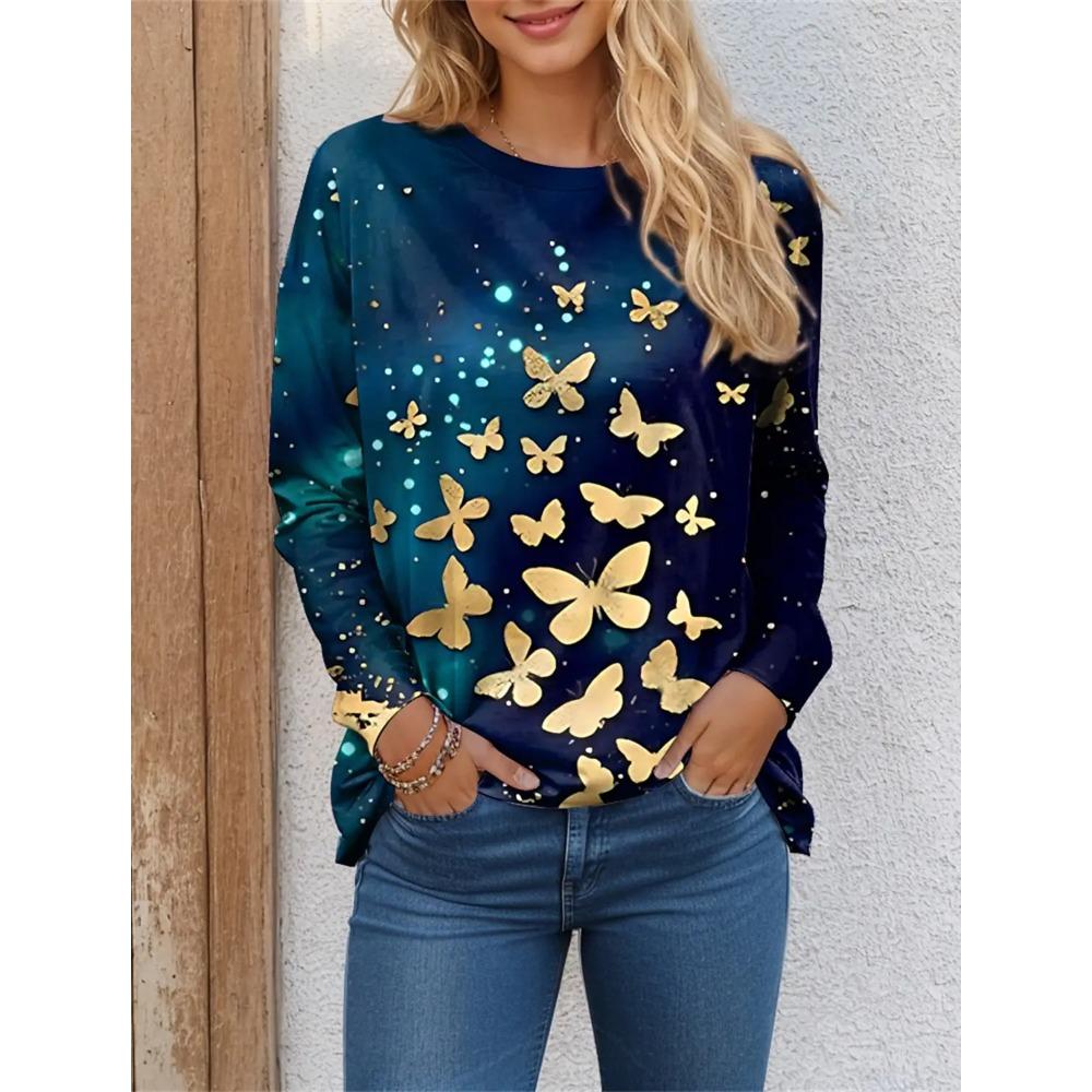 Women s T-shirt Butterfly 3D Print Spring Fall Fashion Casual Oversized Round Neck Long Sleeve T-Shirt 6XL