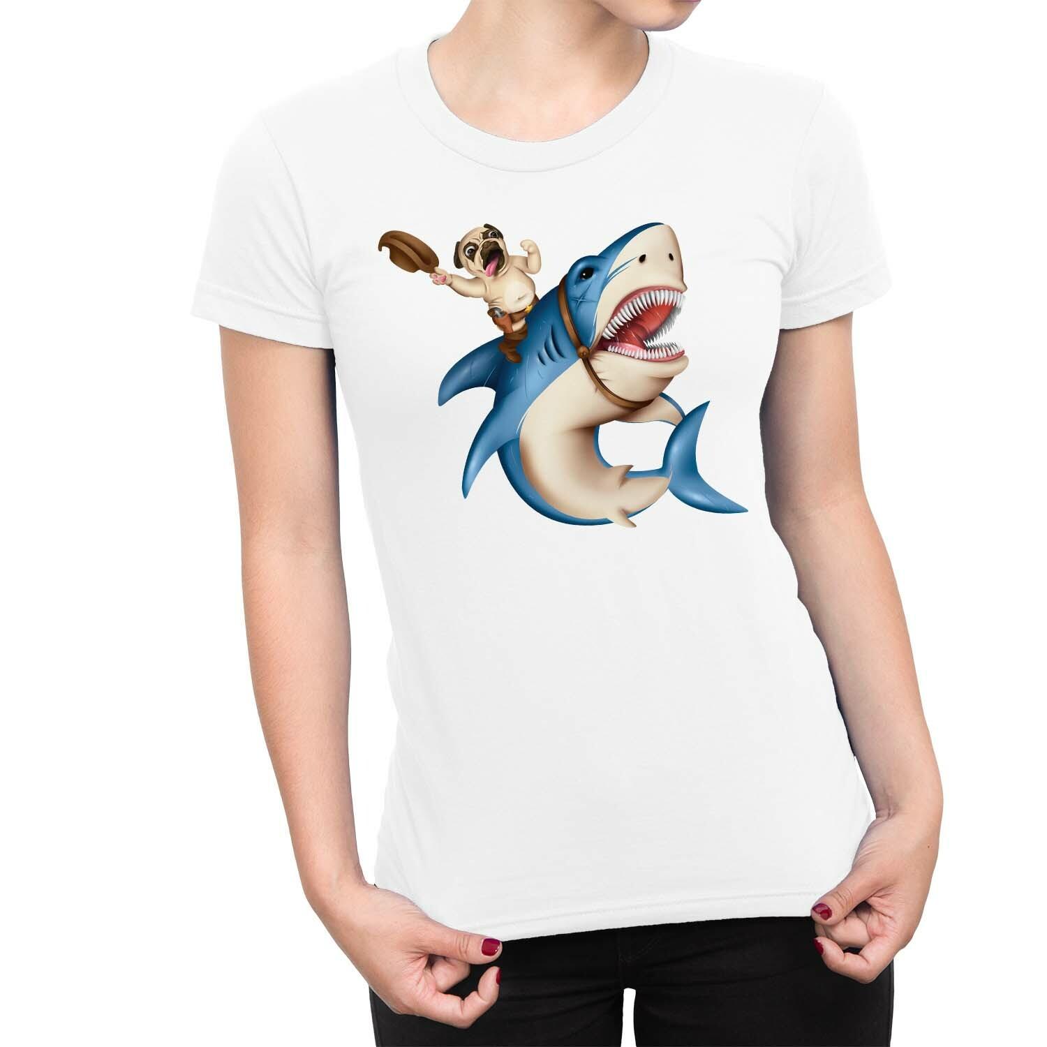 1Tee Womens Cowboy Pug Riding Shark T-Shirt S