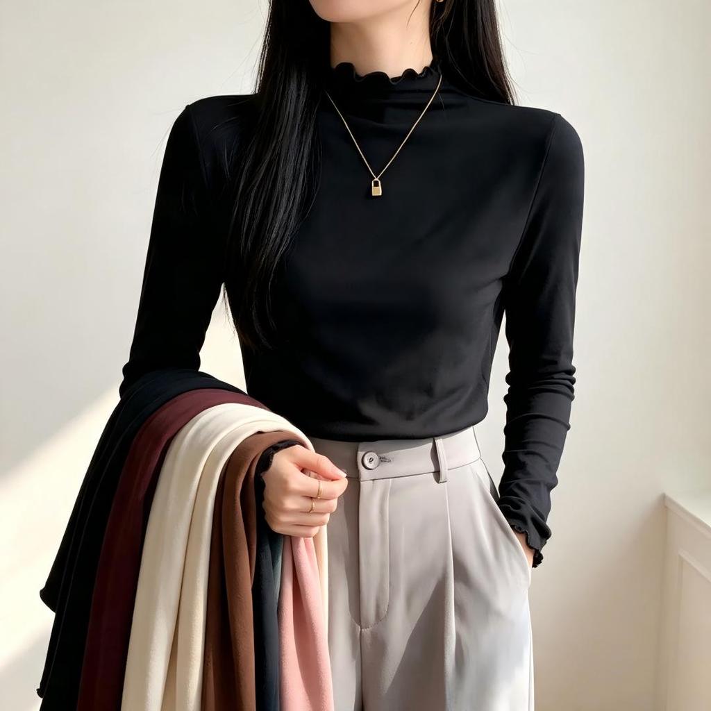 Women's Long-Sleeve T-Shirt: New Autumn/Winter Korean Style, High Neck, Slim Fit, Flattering with Ruffled Hem – Ideal Base Layer.