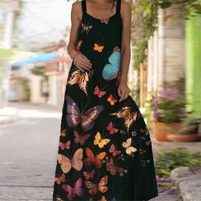 Women's Slip Dress Maxi Long Dress Black Butterfly Print Dress Spring & Summer V Neck Leisure Vacation