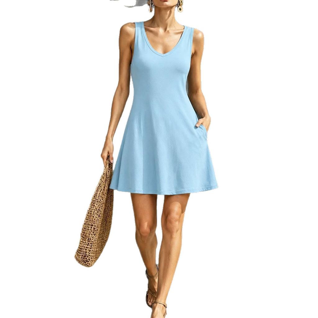 European and American women's clothing sleeveless V-neck A-shaped pendulum slim-fit vest skirt with pockets and thin holiday dress