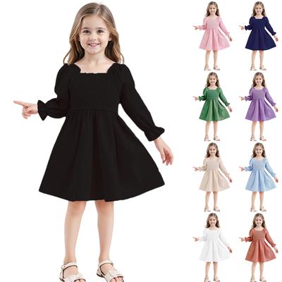 Girls' Fashion Cute Solid Color Square Neck Sleeve Ruffled High-Waisted Lace-Trimmed Full-Skirt Dress