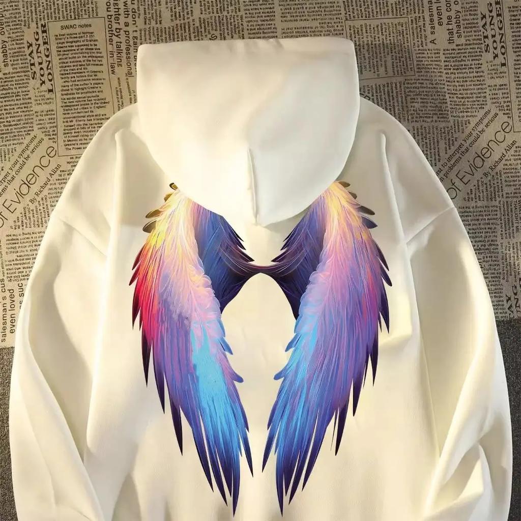Colorful Winged Multi-pattern Hooded Pullover for Autumn and Winter, Suitable for Daily Outdoor Casual Wear.