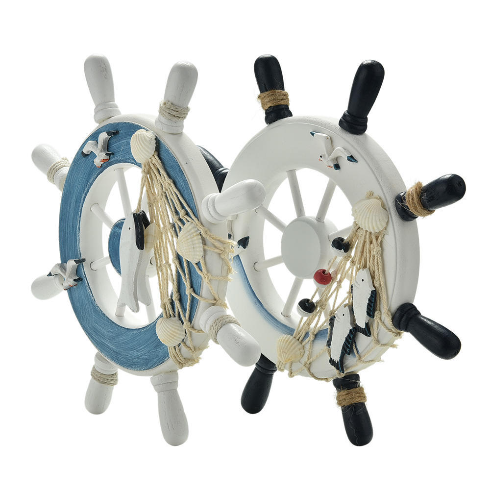 1 Pcs 9 Inch Blue White Beach Wooden Boat Ship Rudder Net Wall Decoration