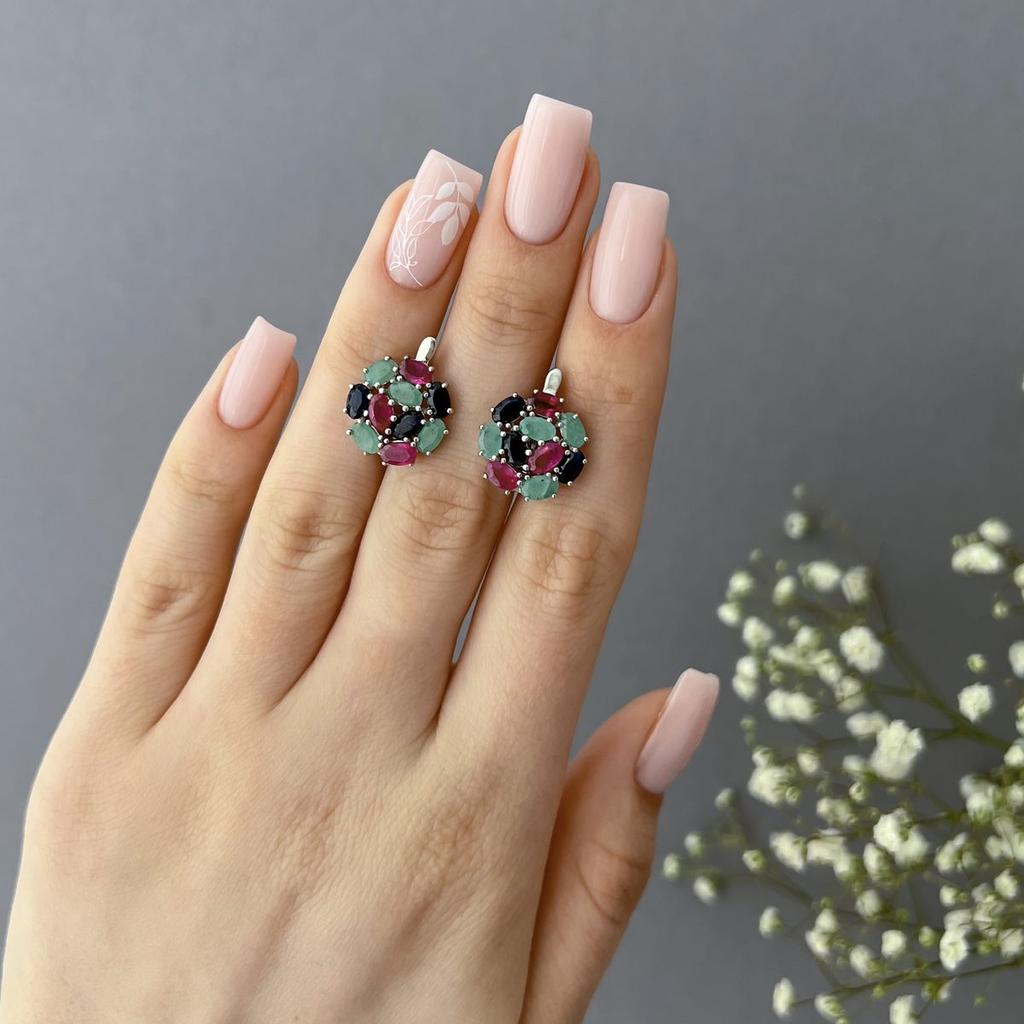 Silver Earrings with Natural Sapphire, Emerald, Ruby (2142652)