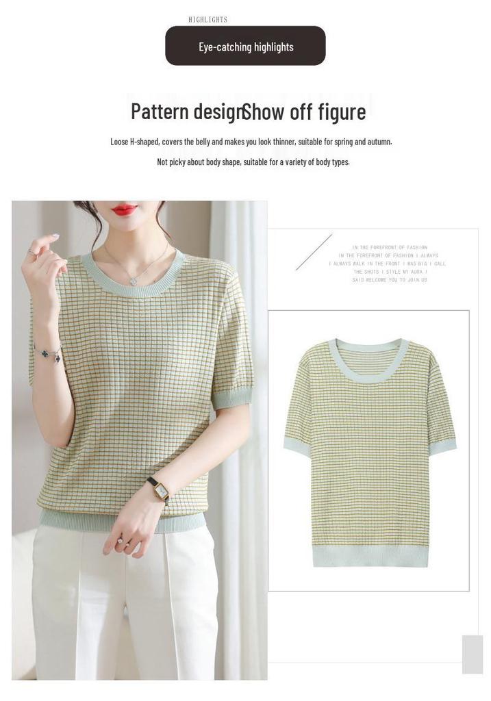 Elegant 2026 Ice Silk Knit Top - Short-Sleeve, Round Neck for Middle-Aged & Elderly Women