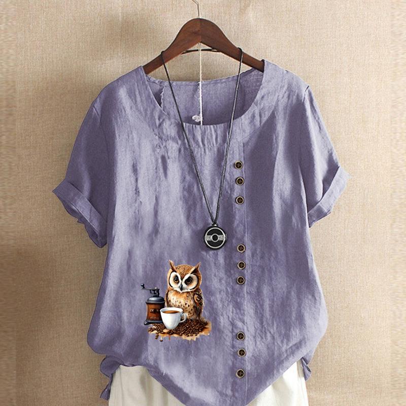 Women's Fashion Owl Prined Short Sleeve T-shirt Loose Cotton Shirt Casual Loose Summer Blouse Tops Plus Size