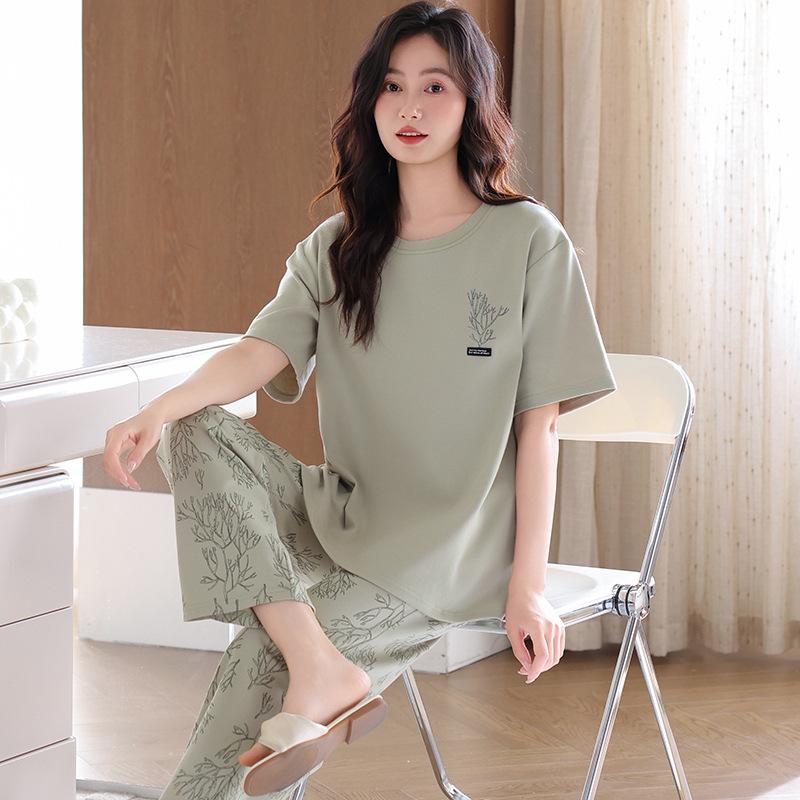 New Pure Cotton Pajamas Women's Spring and Summer Casual Fresh Short-sleeved Trousers Cool Cotton Can Be Worn Outside Loungewear Set