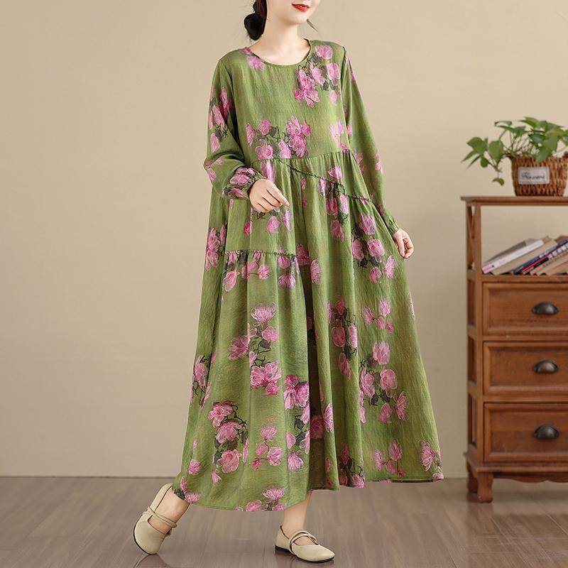 DIMANAF Ny 2025 Dam Plus Size Vår Lång Klänning Lös Basic Vintage Oversize Långärmad Maxi Blommig