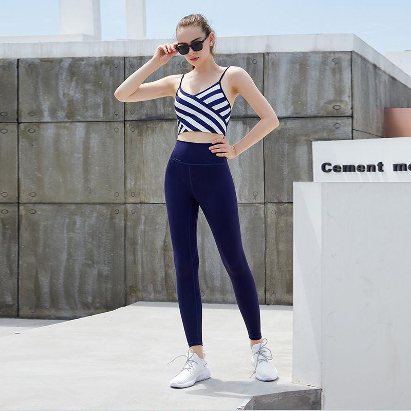 

Pilates Yoga Clothes Suit Women s Belt Chest Pad Striped Yoga Clothes Fashion Beauty Back Running Workout Clothes Two-piece Set Navy Blue Stripes Suit M