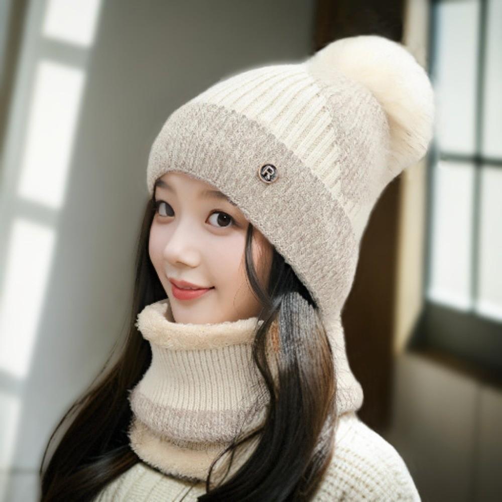 Elastic Winter Pullover Cap Plush Ball Beanie Hat Dome Hat Cap and Scarf Suit  Gifts