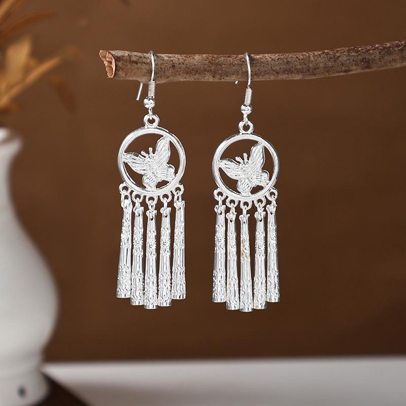 Ethnic Miao Silver Tassel Earrings - Retro Long Dangle Scenic Studs for Women