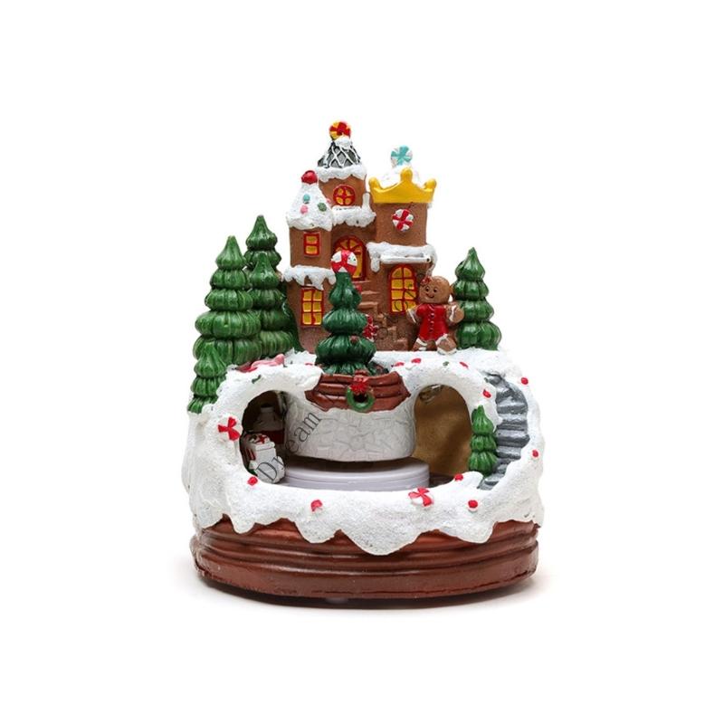 Q1FD Christmas Cabin Music Box For Men Women Kids Birthday Christmas Present Rotating Train Resin Music Box With LED Light
