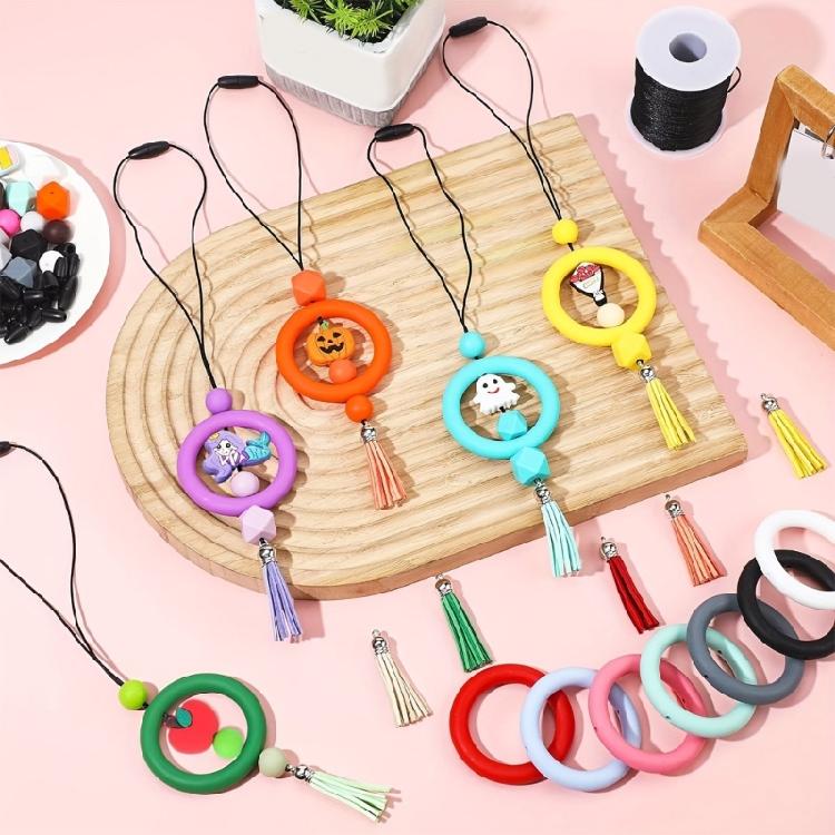 91pcs  Silicone Rings and Beads Personalize Keyring Decorations O Shaped Rings