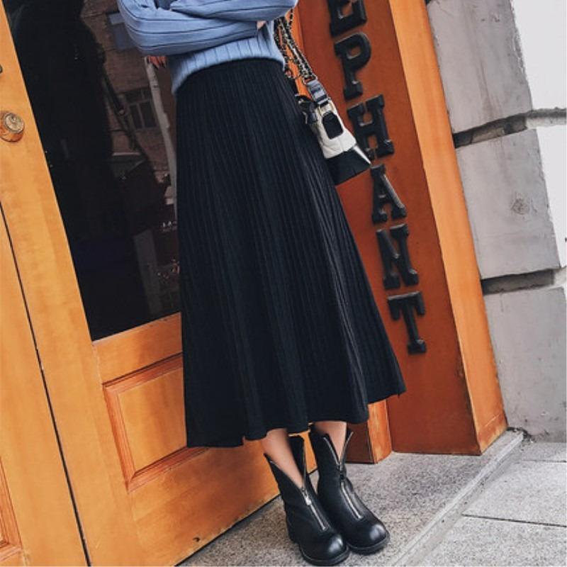 Autumn and Winter New Korean Version Pleated Skirt Half Skirt High Waisted Knitted Skirt Mid Length