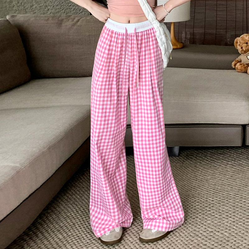 Retro Splicing Collision Color Plaid Loose Drag Ground Casual Women Tide Wide Leg Pants