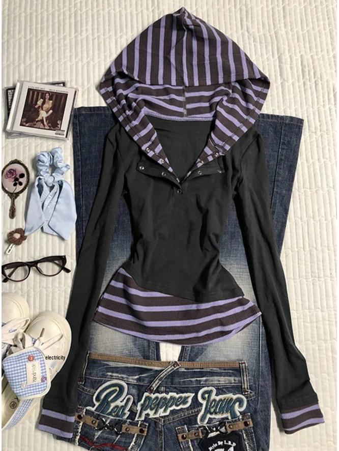 American Street Style Women's Slimming Faux Two-Piece Long-Sleeve Hoodie with Patchwork Stripes