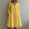 Women Casual Loose Fit Vintage Embroidered Floral V Neck Long Sleeve Dress Comfortable Everyday Wear