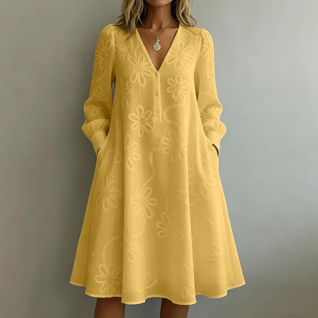 Women Casual Loose Fit Vintage Embroidered Floral V Neck Long Sleeve Dress Comfortable Everyday Wear