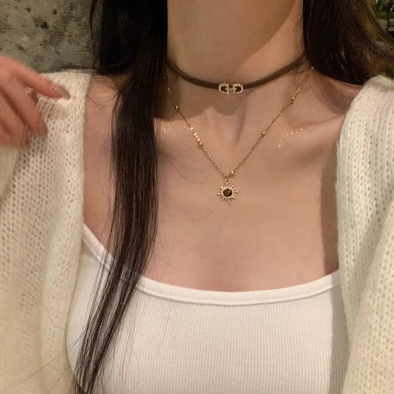 Autumn Maillard Pu Leather Tiger'S Eye Stone Stacked Choker Necklace Women'S Senior Exquisite Sweater Chain Collarbone Chain Neck Chain