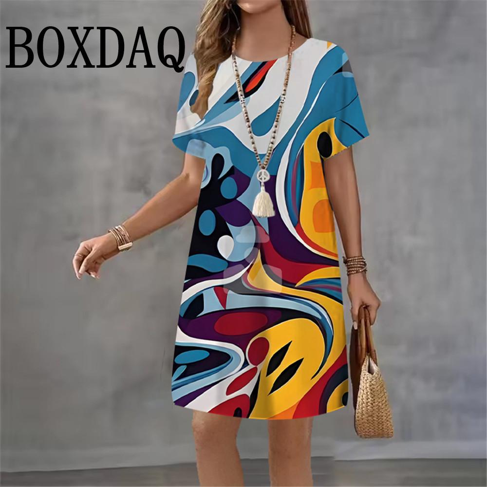 3D Abstract Print Dress Women 2026 New Summer Fashion Short Sleeve Loose Dress Casual O-Neck Ladies Short Dress