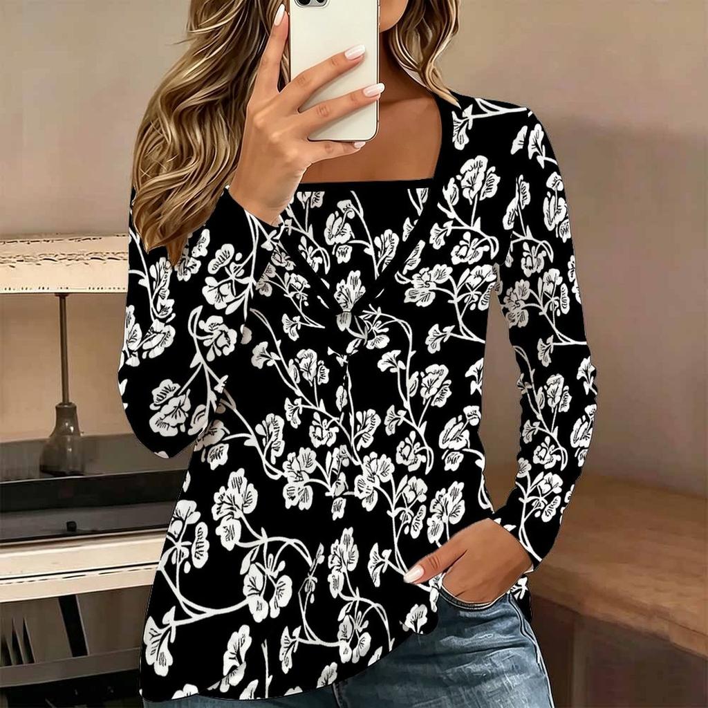 Tops for Women Retro Print Long Sleeve Fake Two‑Piece Top Fall Casual Slim Pullover Women's Long Sleeve Top