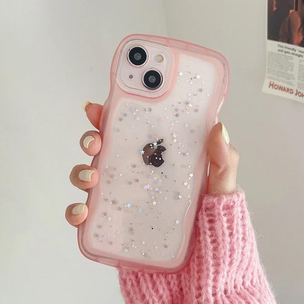 for iPhone 16 15 14 13 12 11 Pro Max Mini XR SE 7 8 Plus Case Cute Clear Drip Glue Star Curly Wave Hybrid Shockproof Soft Cover