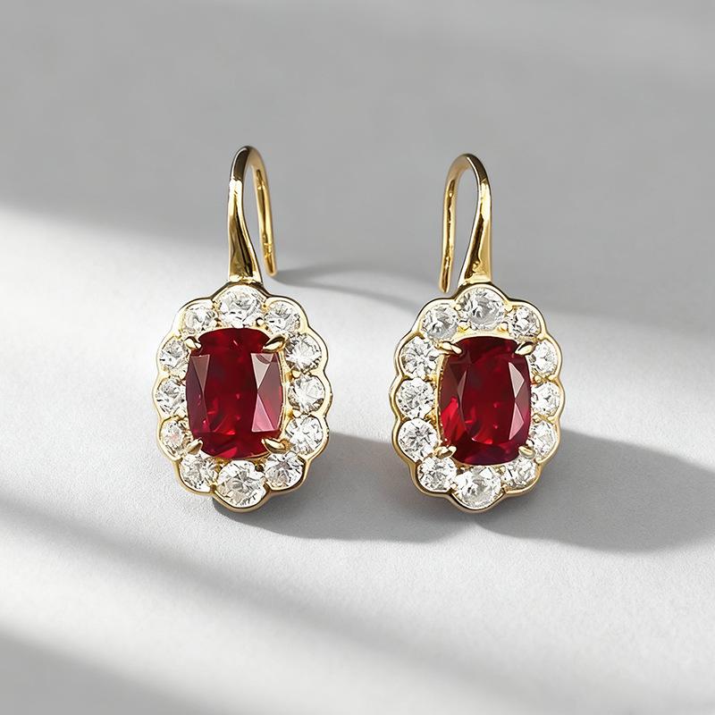 Pigeon Blood Red Square Earrings in S925 Silver with Diamond Pave S925 Silver