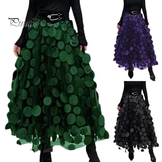 Women Summer Maxi Skirt Retro A-Line Large Hem Skirt Solid Color 3D Dot Decor High Waist Long Skirt