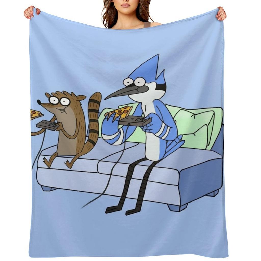 Mordecai and Rigby Pizza and Video Games Throw Blanket Cute Furry Thermal bed plaid Blankets