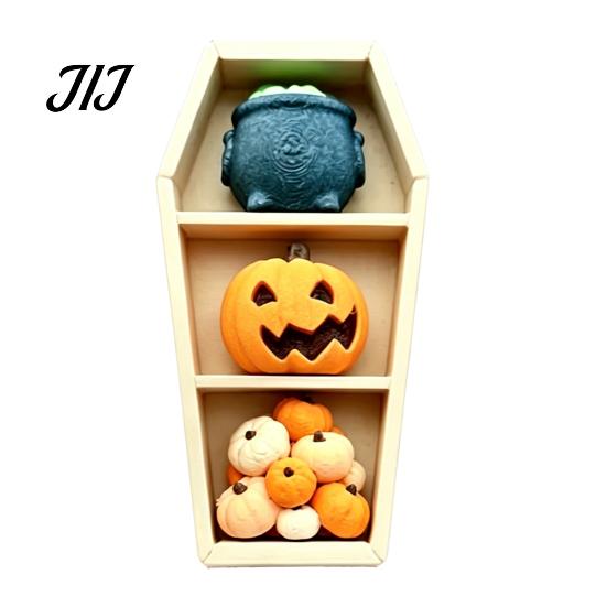 Spooky Window Display Props Halloween Gothic Coffin-Shaped Fidget Clicker Toy, Mini Push Pop Sensory Toy with Small Collectible Figures Ghost Pumpkin