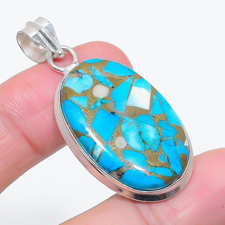 Natural Copper Blue Turquoise 925 Sterling Silver Jewelry Pendant 1.97" r6U65