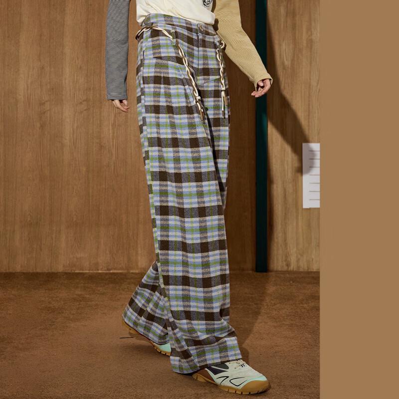 COOLHUT Women's Retro Plaid Drawstring Straight-Leg Pants