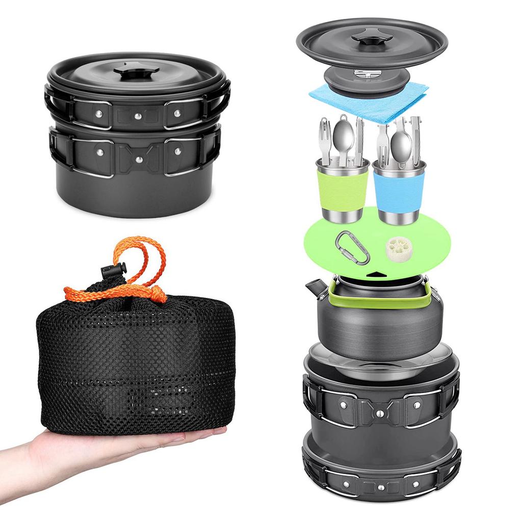 22PCS Camping Cookware Set Portable Outdoor Cooking Pot with Teapot Anodized Aluminum Nonstick Lightweight Picnic Gear
