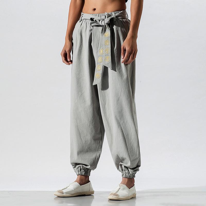 2019 Spring/Summer Men s Casual Cotton Linen Embroidered Harem Pants 4XL светло-серый