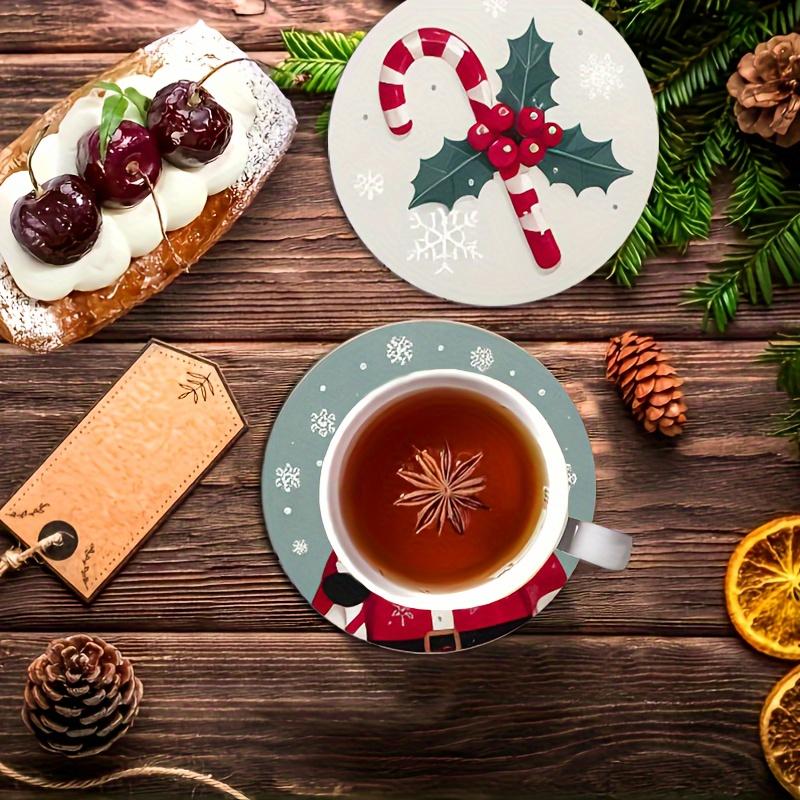 7PCS Christmas Santa Wood Coaster Set - Festive Holiday Drink Mats for Coffee & Tea, Perfect for Home Decor & Restaurant Tables