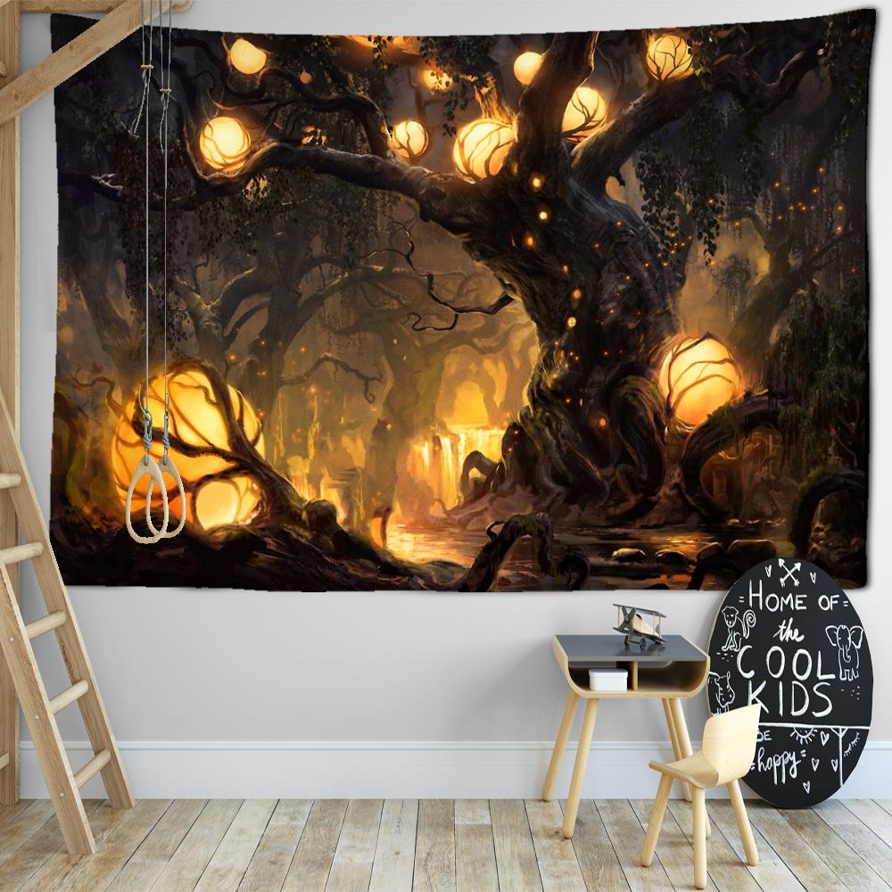 Psychodeliczny gobelin z drzewem życzeń, wiszący na ścianie, czeski tajemniczy las, abstrakcyjna sypialnia, akademik, wystrój domu