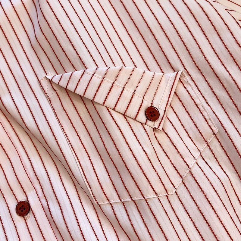 Pink Striped Women's Shirt French Style Loose Flip Collar Single Breasted Pocket Blouse Casual Fashionable Famale Long Sleeved Top