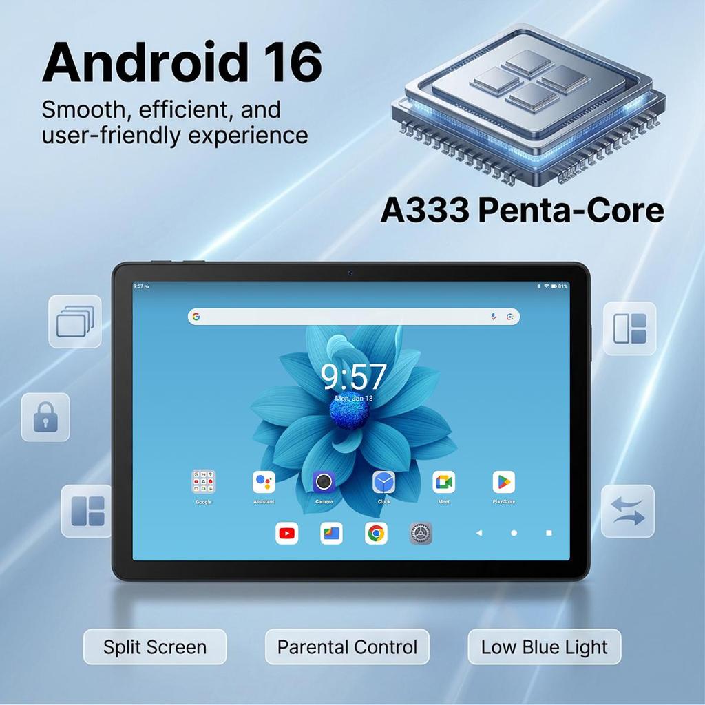 Tablet Android 16, 11 palců, 30 GB RAM + 128 GB ROM, WiFi 6, Bluetooth 5.3, Duální fotoaparát